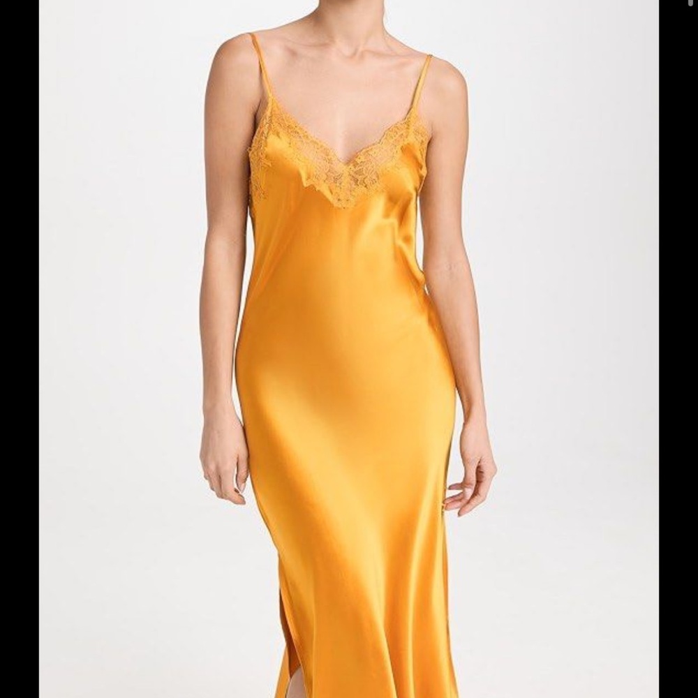 JOURNELLE Yellow 100% Silk Midi Satin Slip Dress with Lace Trim NWT
